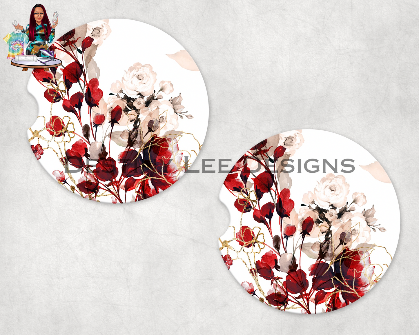 Red Floral Car Coasters